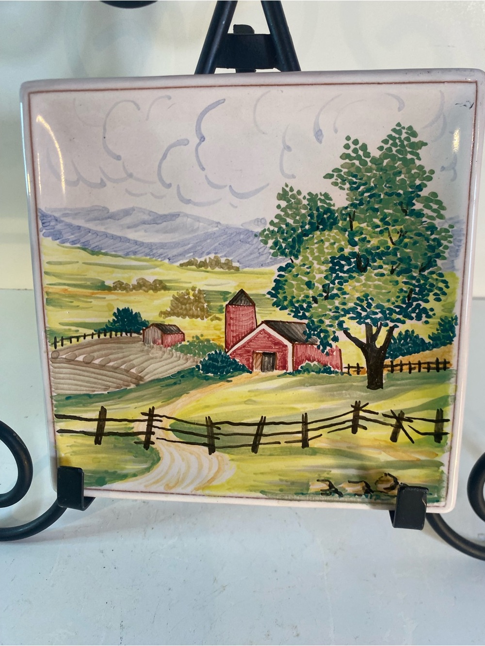 Vintage Italian Hand Painted Country Side Wall Plate Signed 6.25” Square
